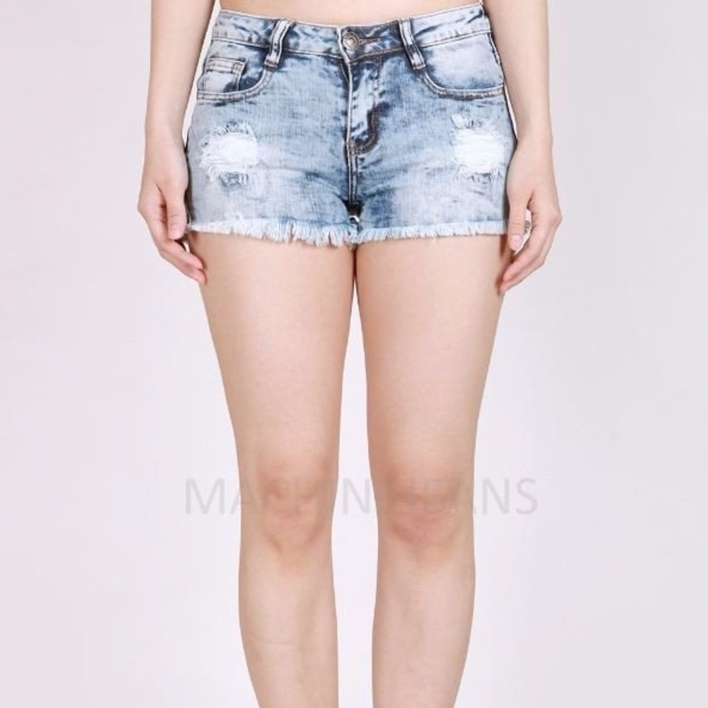 Machine Acid Wash Wash Mid Rise Frayed Denim Shorts Size Medium